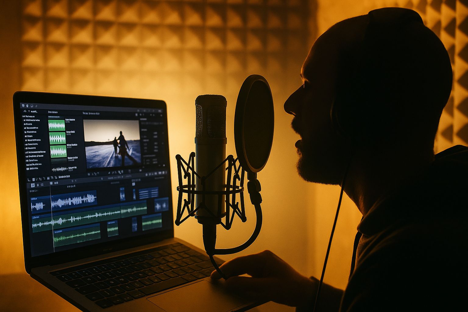 En ljudtekniker arbetar med musik i en filmredigeringsstudio med flera skärmar.